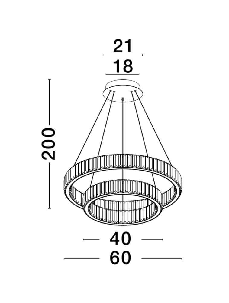 Technische Zeichnung der Aurelia LED Pendelleuchte Ø 60cm 2-flammig mit Maßen und Detailansichten.