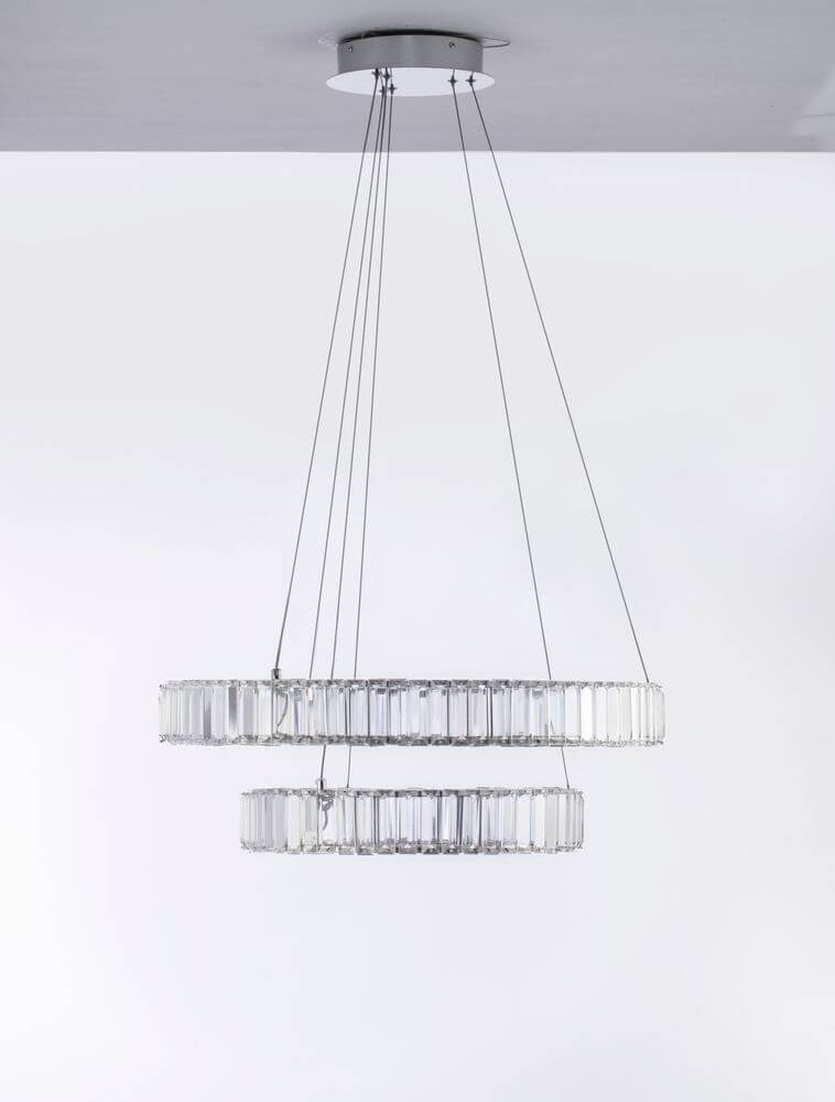 Aurelia LED Pendelleuchte Ø 60cm 2-flammig mit K5 Kristallen und Chromring, modernes Design.
