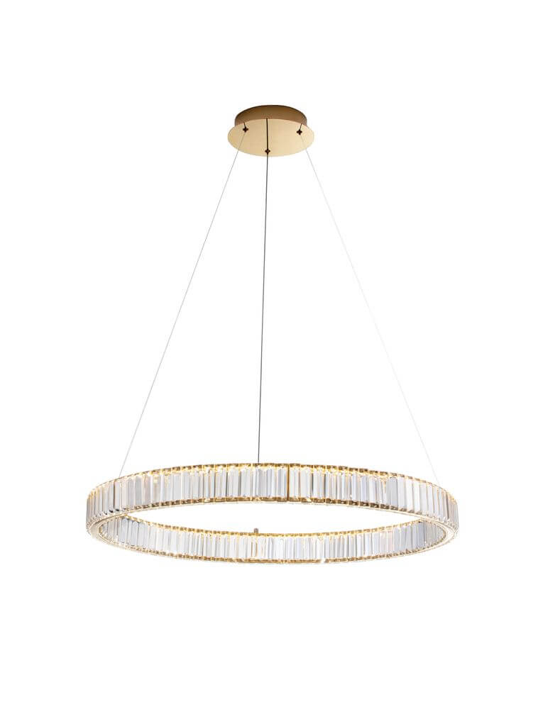 Aurelia LED Pendelleuchte Ø 80cm 3500K, stilvolle Leuchte mit Chromring und Kristallen, ideal für jeden Wohnraum.