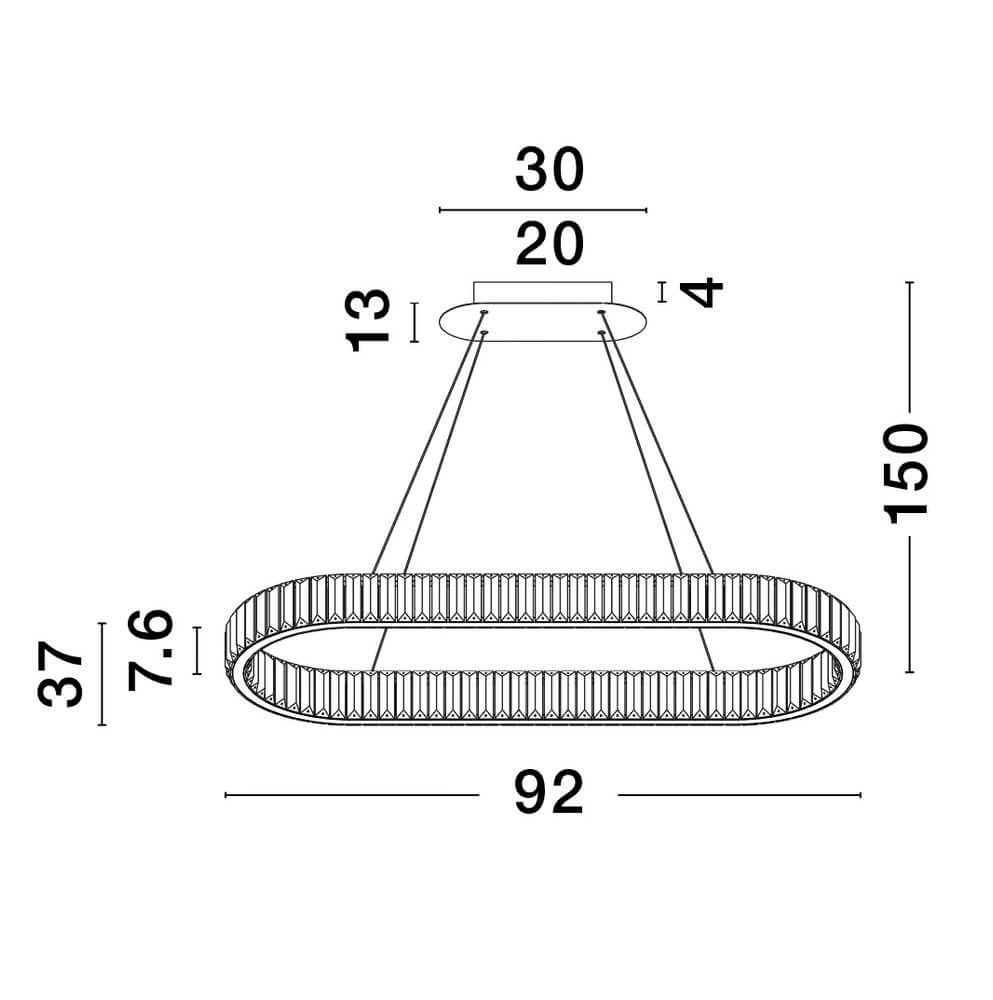 Technische Zeichnung der Aurelia LED Pendelleuchte 3500K mit Maßen und Details.