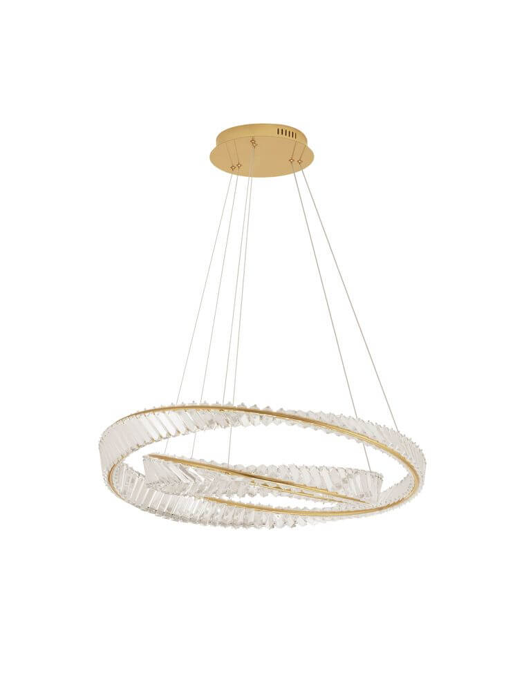 Aurelia LED Pendelleuchte 3500K Gold, moderne Lichtkunst mit goldenen Ringen und Glasstäben für elegantes Wohndesign.