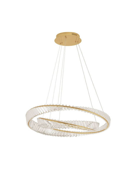 Aurelia LED Pendel 3500K guld, moderne lyskunst med gyldne ringe og glasstænger til elegant boligdesign.