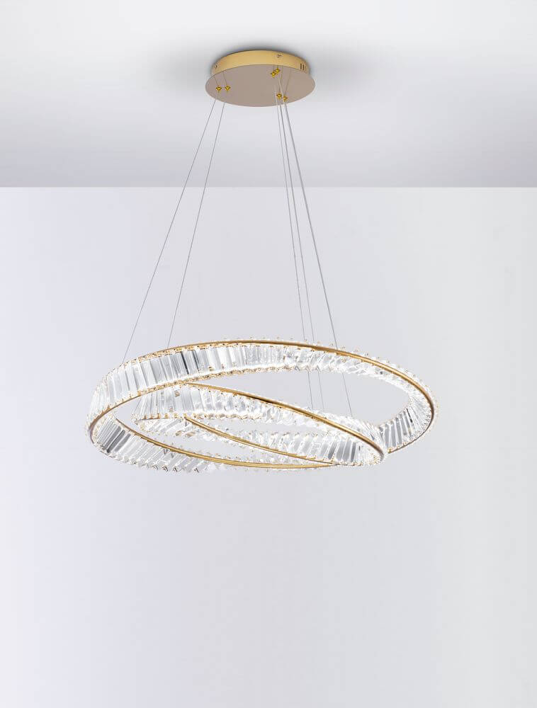 Aurelia LED Pendelleuchte 3500K Gold mit geometrischen Ringen und facettierten Glasstäben.