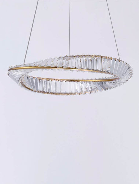 Aurelia LED Pendel 3500K guld med gyldne ringe og flerfacetterede glasstænger, moderne design.