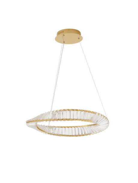 Aurelia LED Pendel 3500K guld med guld metalramme og facetslebne glasstænger.