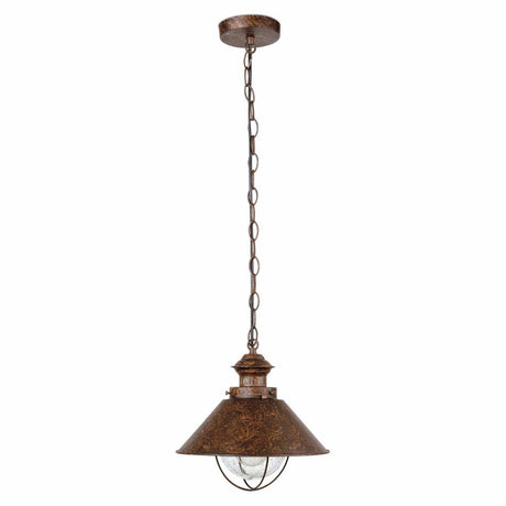 Außen-Pendelleuchte NAUTICA-1G IP33 Rostbraun hängend mit metallischem Design und Glaskuppel.