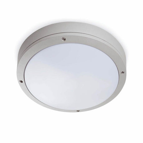 Außendeckenleuchte YEN IP54 Grau in grauem Gehäuse mit hellem, runden Lampendesign.