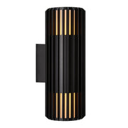 Außenwandlampe Aludra Double Seaside IP54 in Schwarz, skulpturale Außenwandleuchte mit gerilltem Design und Licht nach oben und unten