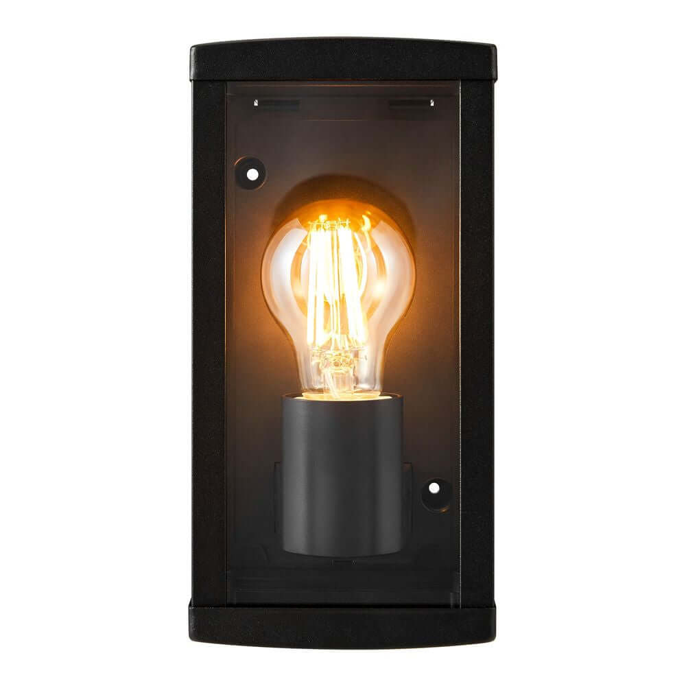 Außenwandlampe Luchy IP44 mit schwarzem Metallrahmen und dekorativer Glühbirne in modernem Design.