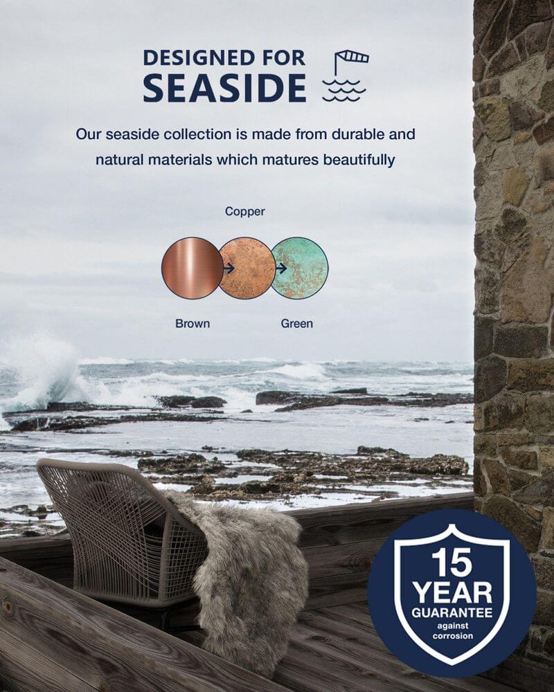 Seaside-Kollektion aus langlebigen Materialien mit Kupfer, Braun und Grün für Außenbereiche.