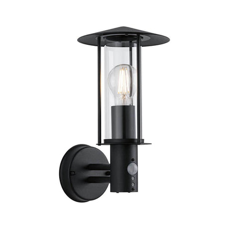 Sensor Außenwandleuchte Classic Dunkelgrau Metall Glas, moderne Wandleuchte mit Bewegungsmelder und klarem Glasschirm.