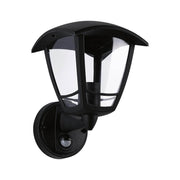 Außenwandleuchte Classic Curved mit Sensor Schwarz, schwarze Außenlampe mit Bewegungsmelder und klarem Glasschirm