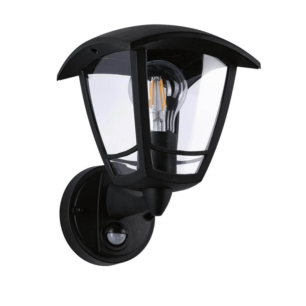 Außenwandleuchte Classic Curved mit Sensor Schwarz in klassischem Design mit klarem Glasschirm und integrierten Bewegungsmelder.