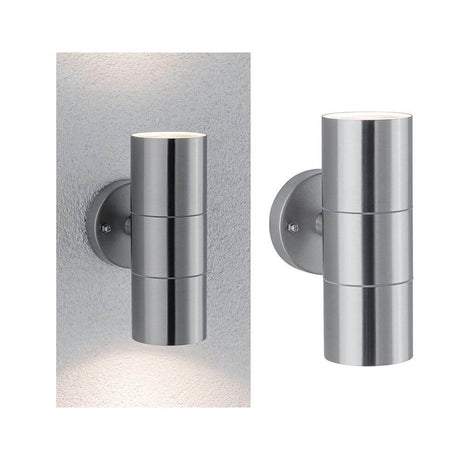 Flame outdoor wall light 2-light brushed stainless steel for attractive lighting effects outdoors.