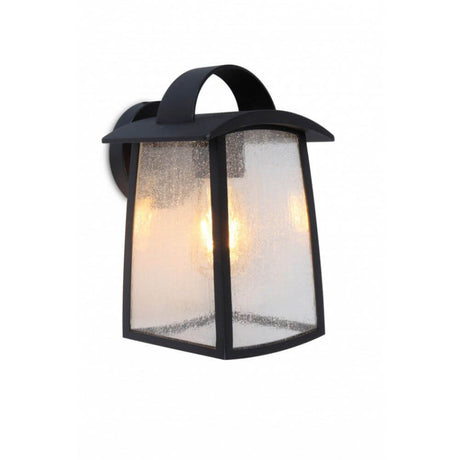 Applique murale extérieure Kelsey IP44 noire avec verre structuré et lumière dorée.