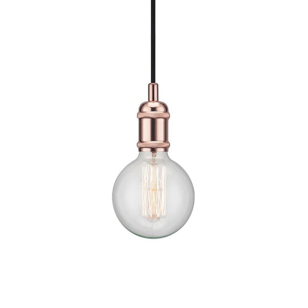 Avra pendellampe med stofkabel i kobber, moderne pendellampe med elegant kobberdesign og tekstilkabel.