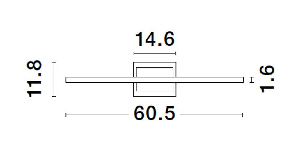 Maßzeichnung der Azure LED Wandleuchte 3000K Schwarz mit den Abmessungen 60.5x14.6x11.8 cm.