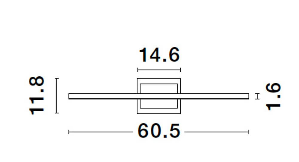 Maßzeichnung der Azure LED Wandleuchte 3000K Weiß mit Abmessungen 60.5x14.6x1.6 cm.