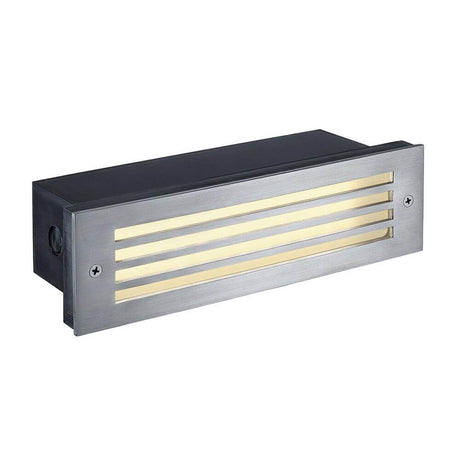 Brick Mesh LED vegginnfellingsarmatur i rustfritt stål, varmhvit, IP54, med satinert glassplate og gitter i rustfritt stål.