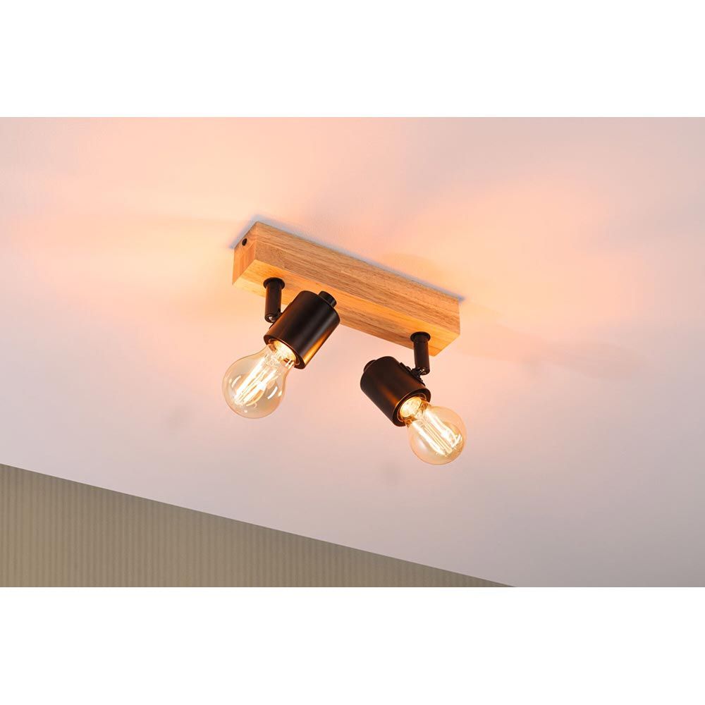 Zweiflammiger Holz Balkenstrahler Arvid in Holzfarben und Schwarz, modernes nordisches Design.