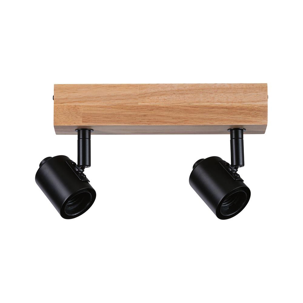 Zweiflammiger Holz Balkenstrahler Arvid in Holzfarben und Schwarz, modern und anpassbar.