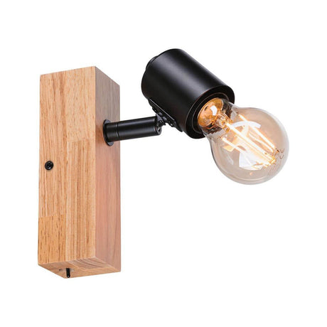Balkenstrahler Spotlight Arvid Black on a wooden wall mount with E27 bulb.