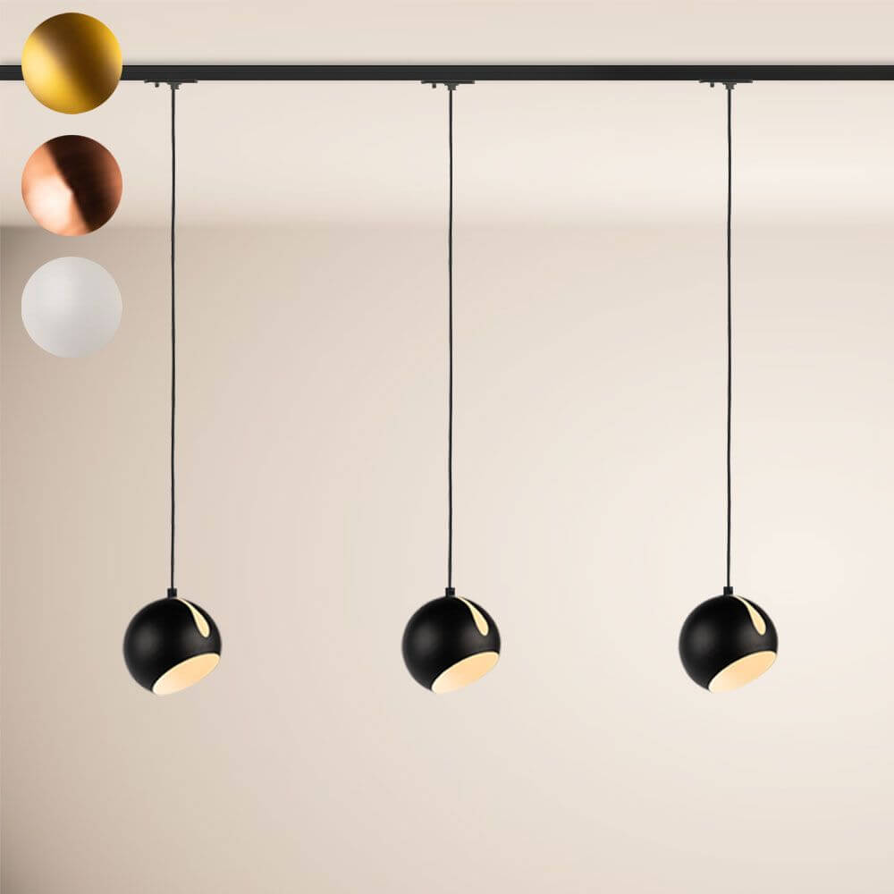 s.luce Ball Esszimmerlampe 1-Phasen-Schiene Endeinspeiser Ø 20cm mit drei Pendelleuchten in schwarz