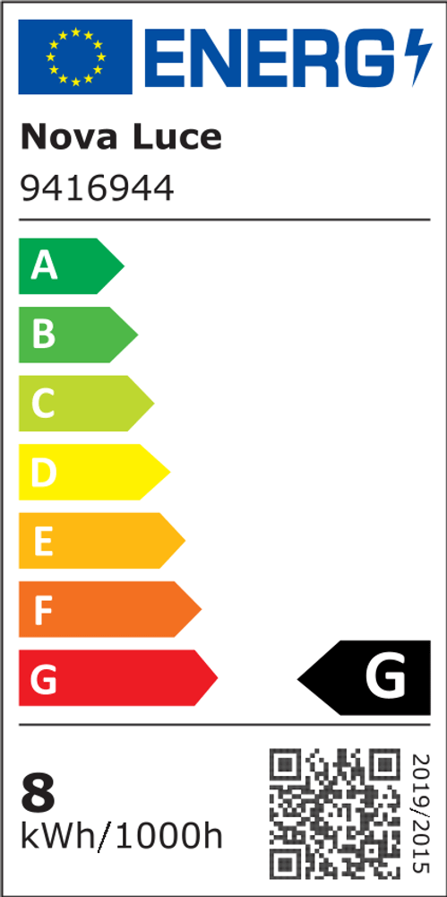 Energieeffizienzlabel von Nova Luce für die Ballet Pendelleuchte Ø 26cm Schwarz, Klasse G, 8 kWh/1000h.