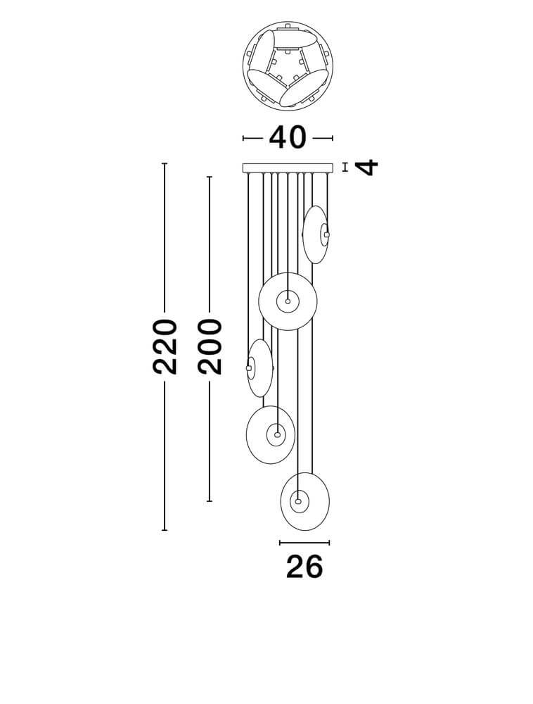 Technische Zeichnung der Ballet Pendelleuchte 5-flammig Ø 40cm mit Abmessungen.