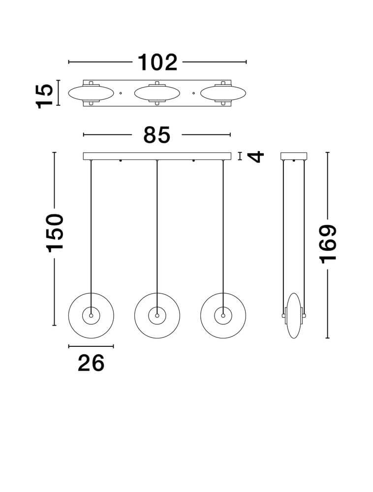 Technische Zeichnung der Ballet Pendelleuchte Schwarz mit Abmessungen und Designdetails.