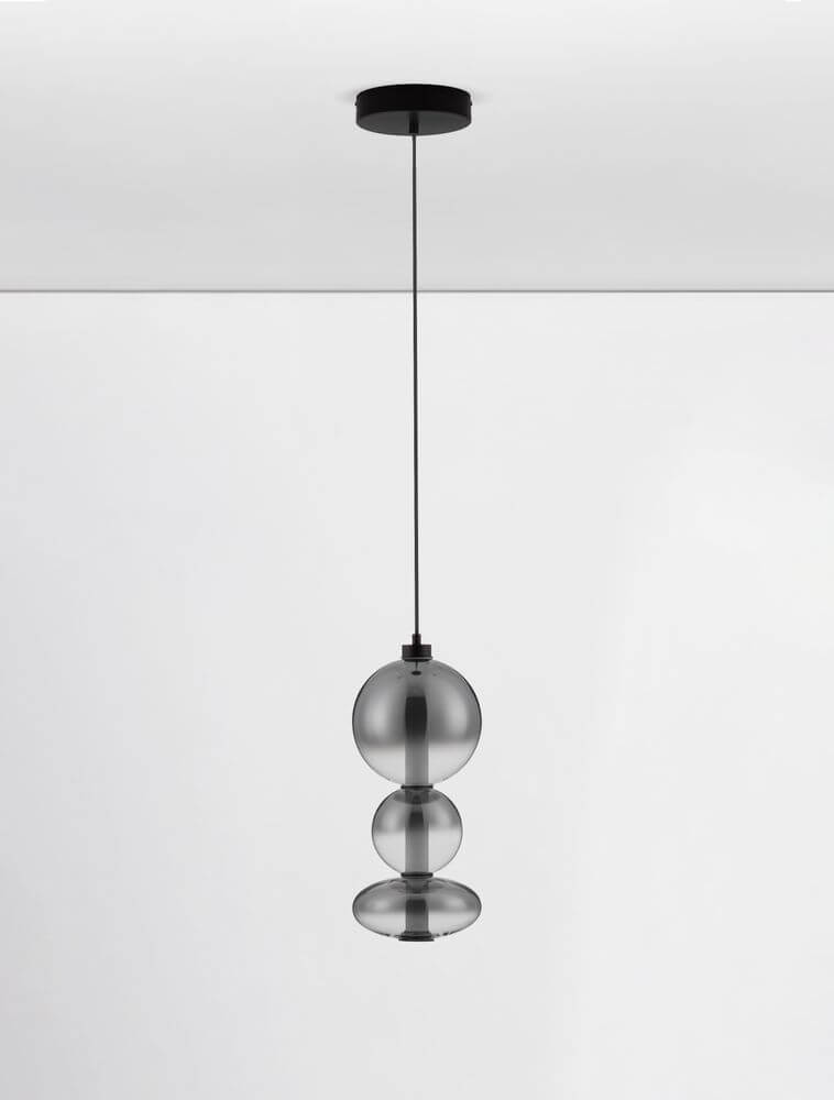 Bally LED Pendelleuchte Ø 20cm 3-flammig, hängende Designer-Leuchte aus Metall und getöntem Glas.