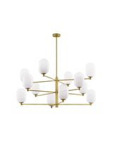 Hängelampe Balor 12-flammig in Gold mit weißen Opalglasschirmen, elegant für Esstische.