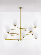 Elegante 12-flammige Pendelleuchte BALOR in Gold mit weißen Opalglas-Schirmen, ideal für Esstische.