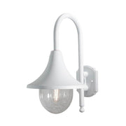 Aplique de exterior Bari blanco, acrílico transparente con diseño elegante y esfera de cristal transparente.