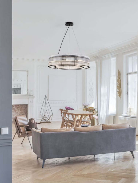 Barok Pendelleuchte Ø 70cm Schwarz im modernen Wohnzimmer, elegante LED-Hängelampe mit Glasstäben