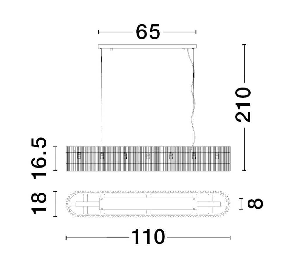 Technische Zeichnung der Barok Pendelleuchte 110cm Schwarz mit Abmessungen und Designdetails.
