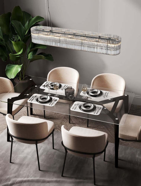 Barok Pendelleuchte 110cm Schwarz moderne LED-Pendelleuchte mit Glasstäben über elegantem Esstisch