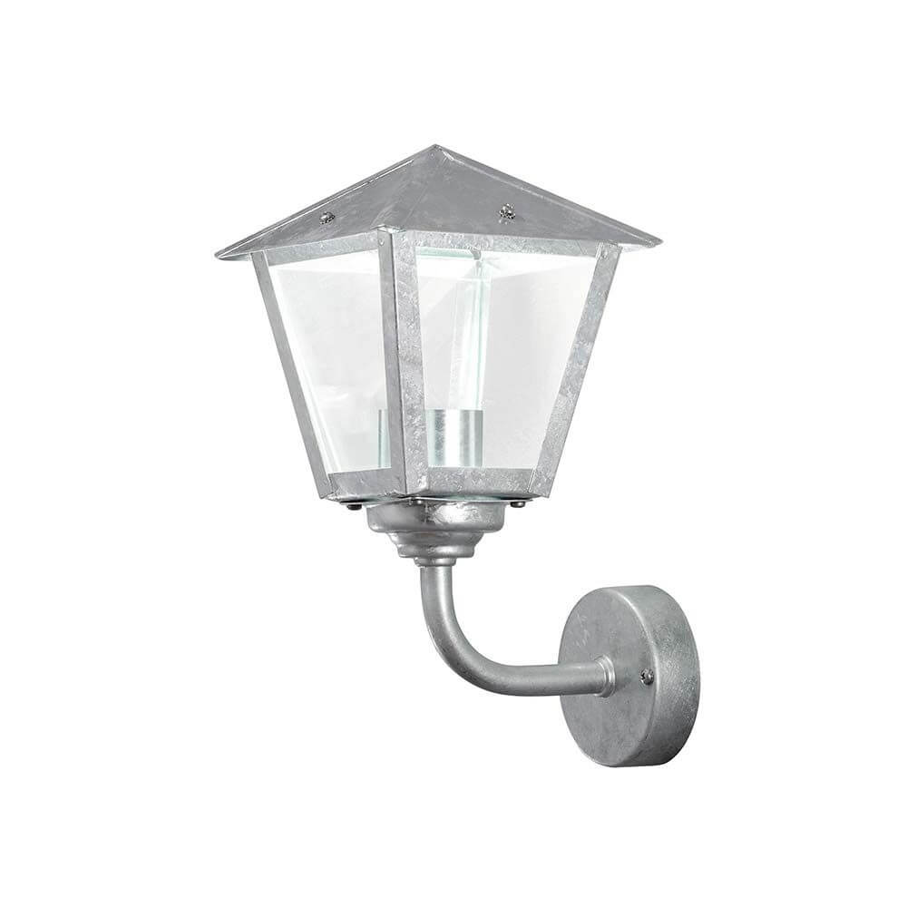Benu LED Außen-Wandlampe 3000K galvanisierter Stahl, klares Glas an einer Wand montiert.