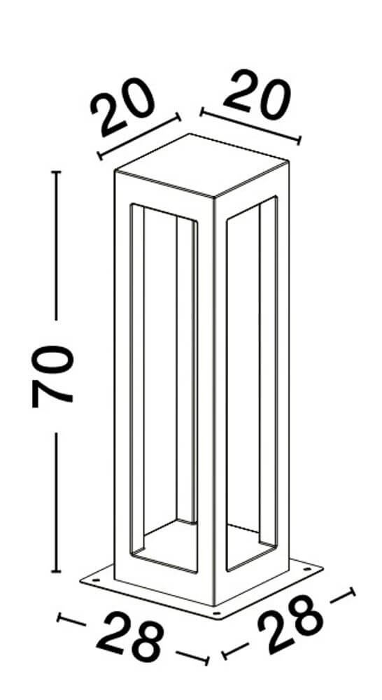 Bev Außenwegeleuchte Grau technische Zeichnung mit Maßen 70x20x28 cm.
