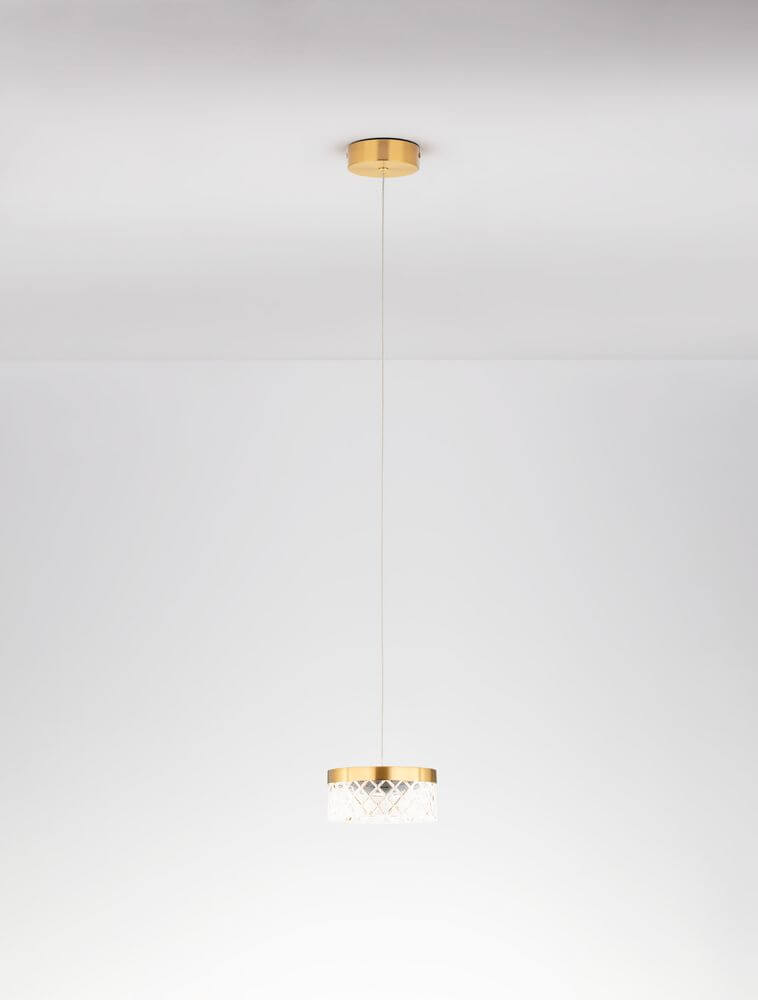 Bion LED Pendelleuchte  Ø 15cm 3000K Gold mit modernem Design und klarem Lampenschirm.