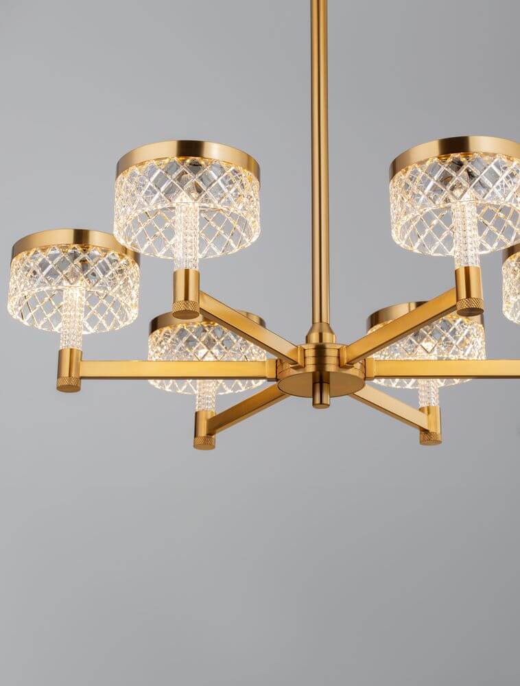 Bion LED Pendelleuchte 6-flammig Ø 70,7cm 3000K Gold mit glitzernden Glaslampenschirmen