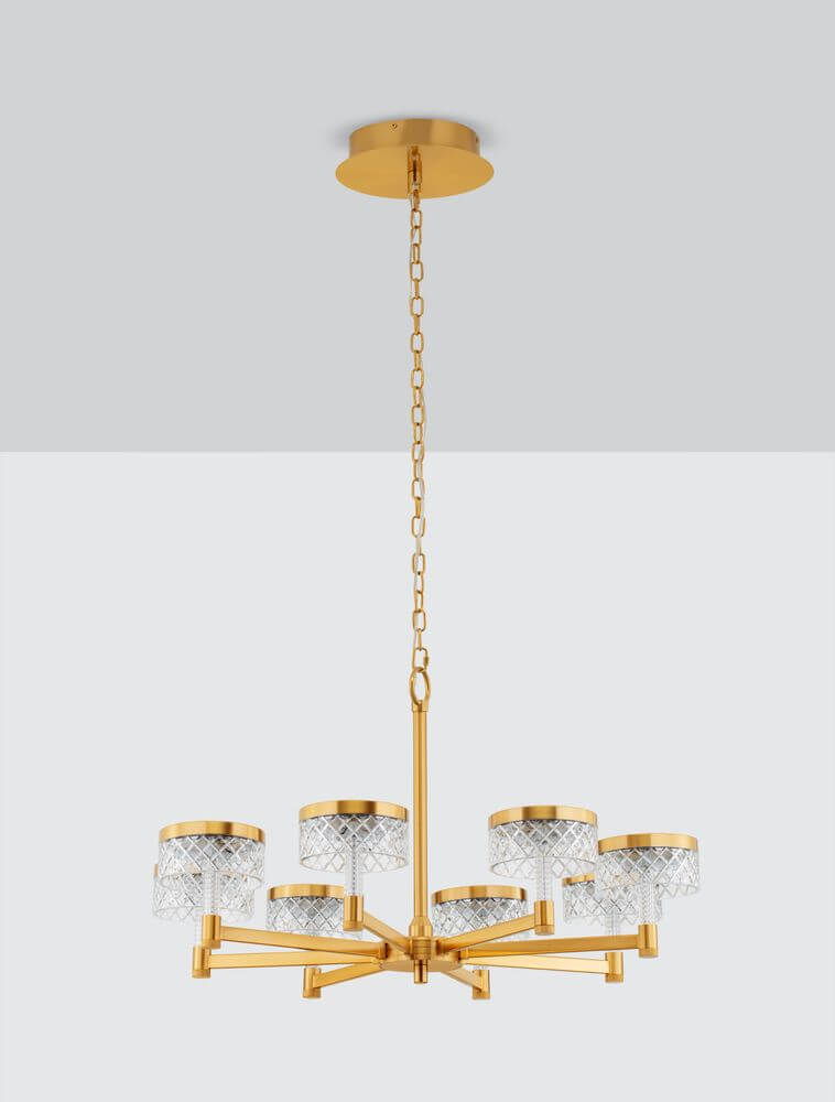 Bion LED Pendelleuchte 8-flammig Ø 80,7cm 3000K Gold mit goldener Kette und gläsernen Lampenschirmen.