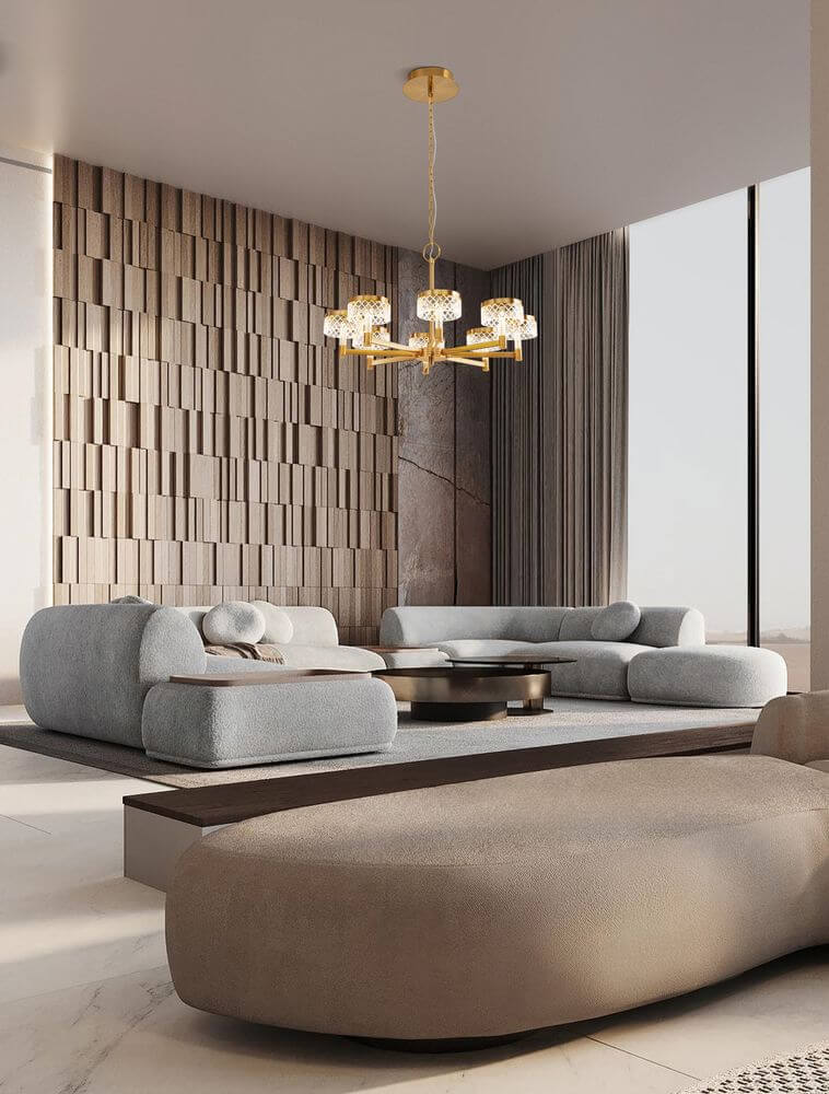 Bion LED Pendelleuchte 8-flammig Ø 80,7cm 3000K Gold in modernem Wohnzimmer mit eleganten Sofas.