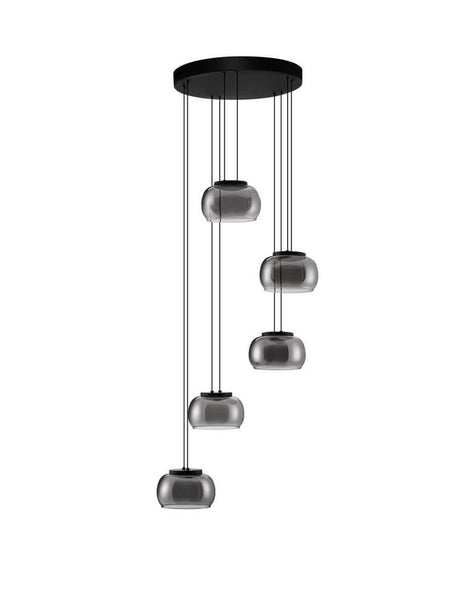 Bios Pendelleuchte 5-flammig Ø 52cm 3000K Schwarz, Rauch, moderne Hängeleuchte mit fünf Rauchgläsern