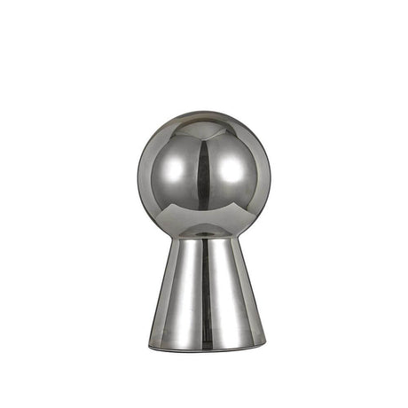 Lampa stołowa Birillo z ręcznie dmuchanego szkła 40 cm, dymiona, z chromowaną podstawą i szklanym korpusem lampy w nowoczesnym designie.
