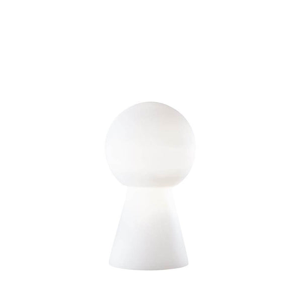 Lampada da tavolo Birillo in vetro soffiato a bocca 40 cm bianca con moderna base cromata e design in vetro bianco.