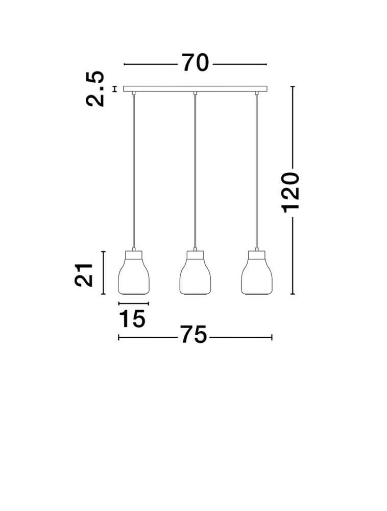 Technische Zeichnung der Blacu Pendelleuchte 3-flammig Schwarz mit Abmessungen und Designdetails.