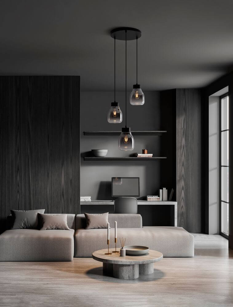 Blacu Pendelleuchte 3-flammig Schwarz in modernem Wohnzimmer mit gemütlicher Atmosphäre.