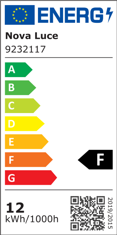Energieeffizienzklasse F für die Nova Luce Produktreihe mit Verbrauch von 12 kWh pro 1000 Stunden.