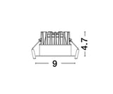 Technische Zeichnung des Blade LED Außeneinbauspots, 4,7 cm hoch, 9 cm breit, modern und elegant.